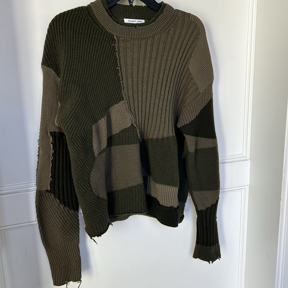 HELMUT LANG MILITARY GRUNGE CREW Long Sleeve Patchwork Sweater Green Large - Picture 14 of 15